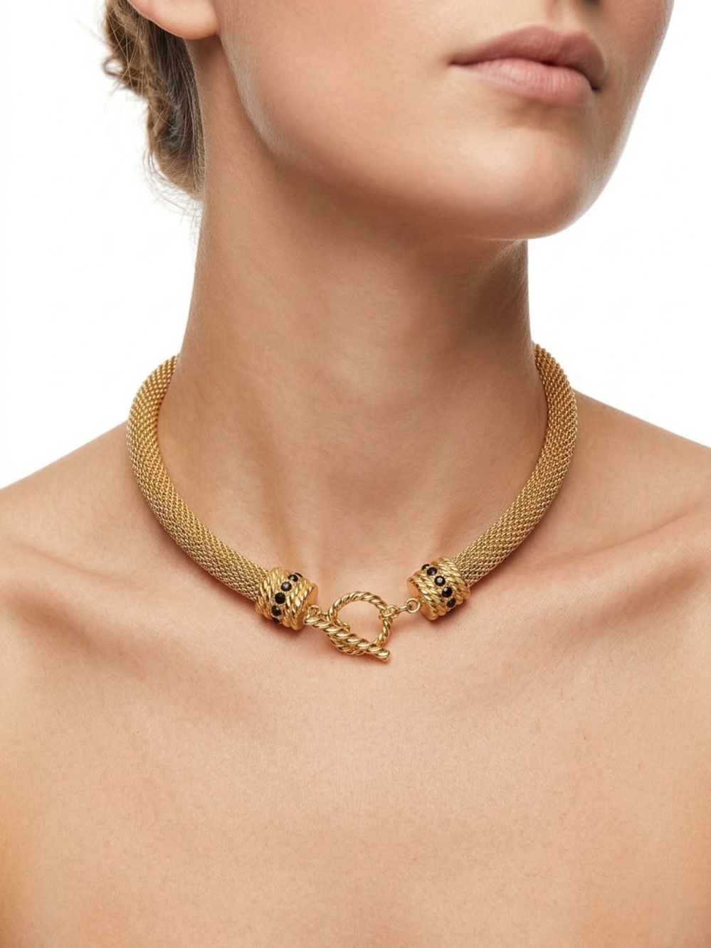 Gold Mesh Choker Necklace with Black Stone Accents